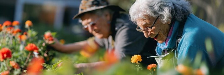 An elderly individual and a young person engage in gardening together, nurturing flowers and building intergenerational bonds in a lush, colorful garden.