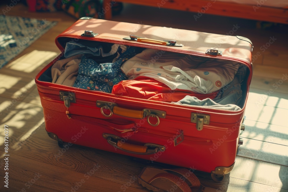 Poster a red suitcase is open and filled with clothes. the suitcase is on a wooden floor. scene is casual a