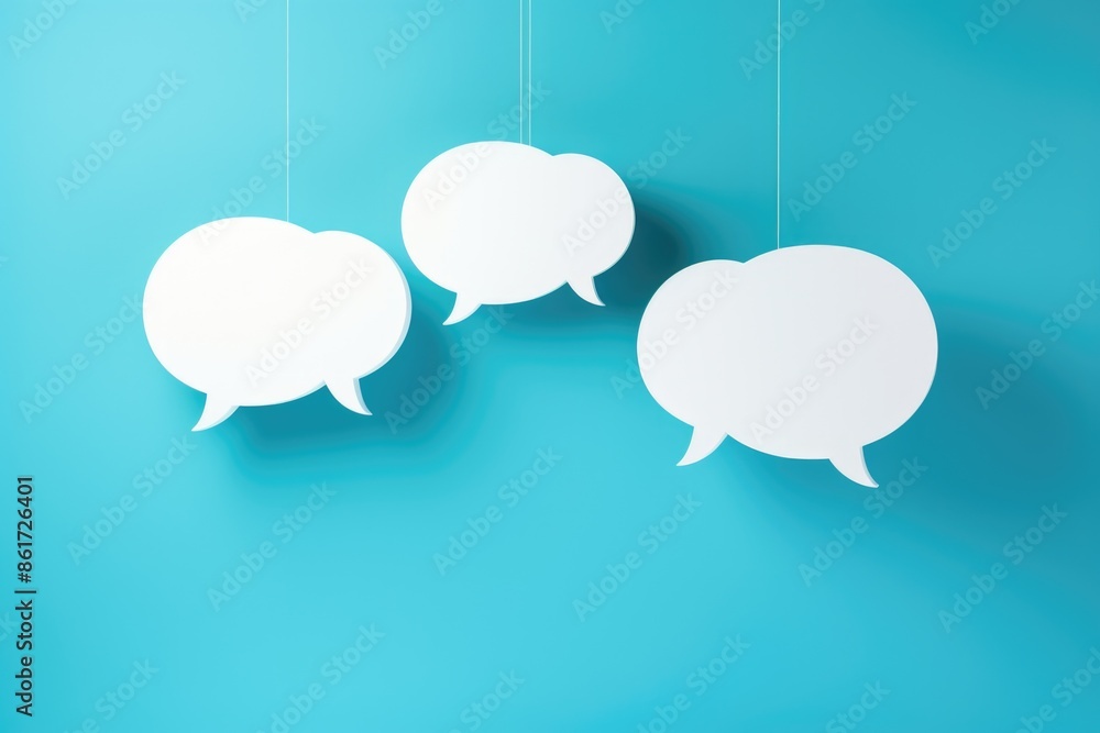 Poster three white paper cutouts of speech bubbles hanging from a blue background. the speech bubbles are a