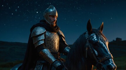 Naklejka premium Celtic knight with matte black armor and carved details on the armor, night scene with stars in the sky.