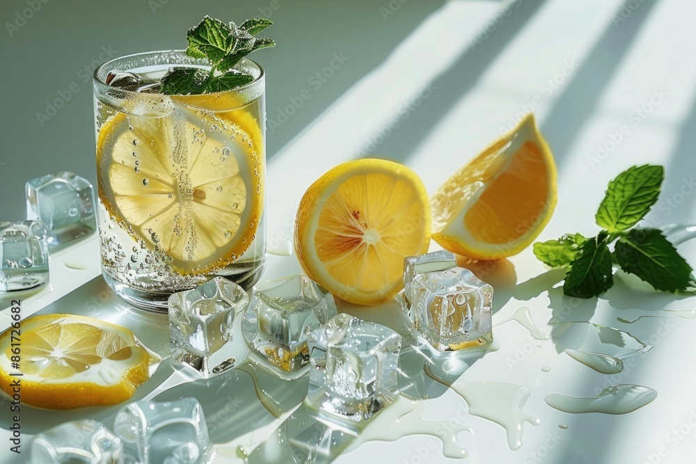 Poster a glass of lemonade with ice cubes and a slice of lemon on the side. the lemonade is cold and refres