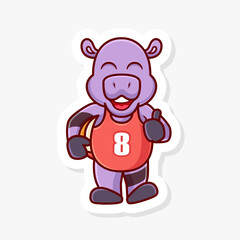 Hippo carrying a volleyball and giving a thumbs up, cute cartoon character of animal doing sport.