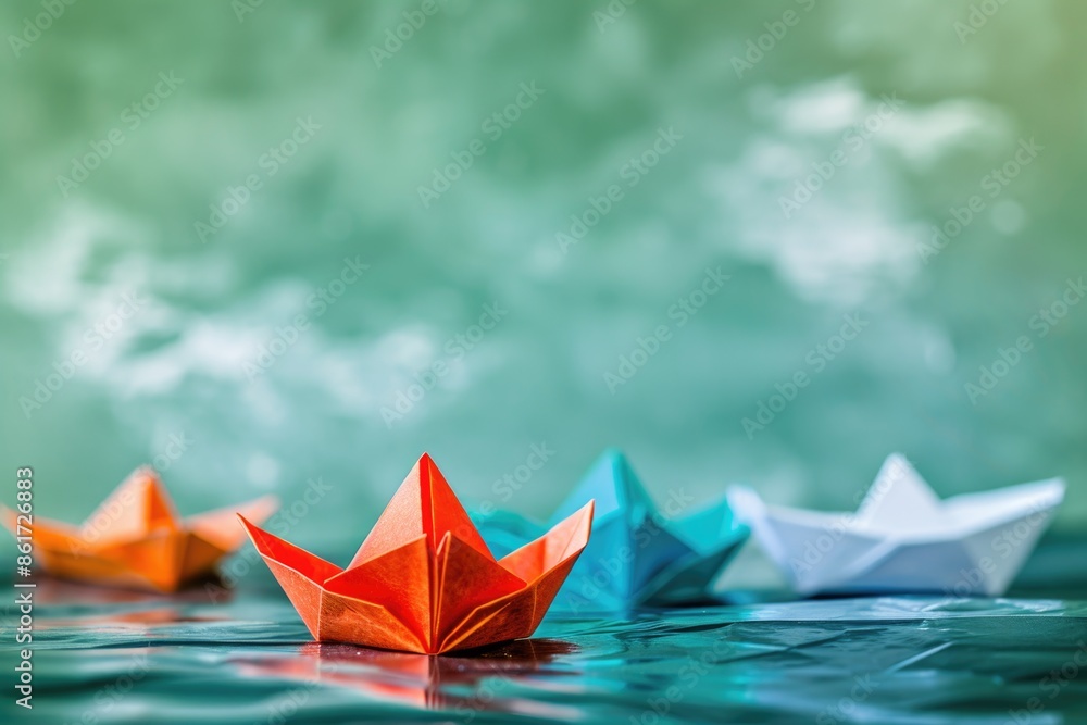 Poster a row of paper boats are floating on a body of water. the boats are of different colors and sizes, w