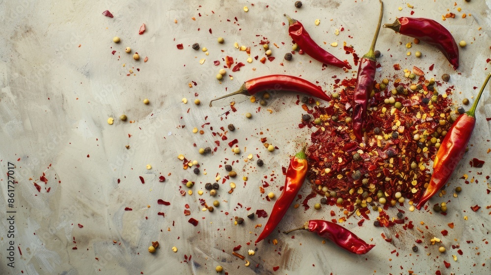 Poster a pile of red peppers and spices on a table. the peppers are scattered around the table and some are