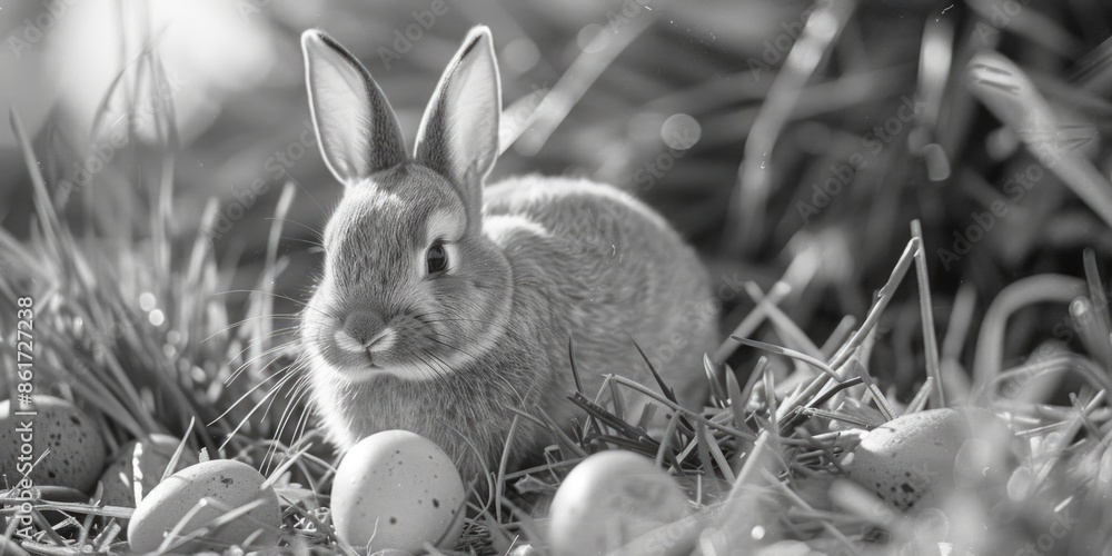 Poster a rabbit is laying in a field of eggs. the rabbit is looking at the camera. the eggs are scattered a