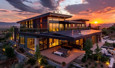Fototapeta premium An ultra-modern home with a solar panel-covered roof, illuminated by a breathtaking sunset, showcasing advanced solar technology