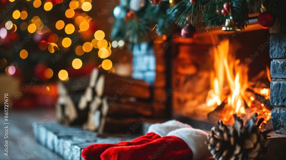 Wall mural A fireplace with a Christmas tree in the background. The fire is burning brightly and the room is warm and cozy