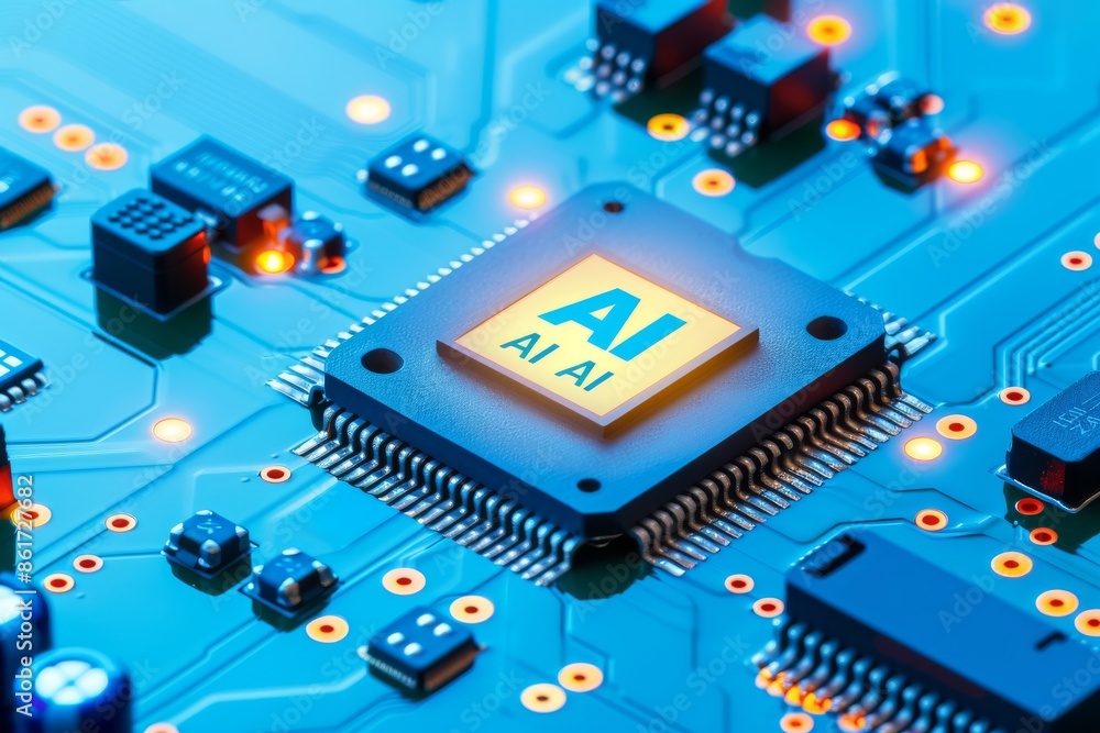 Poster ai microchip on circuit board with glowing elements symbolizing advanced artificial intelligence tec