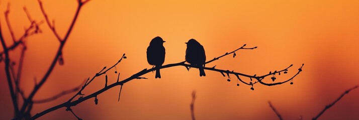 A beautiful sunset scene with two birds sitting on a branch facing each other, symbolizing companionship and nature's beauty.