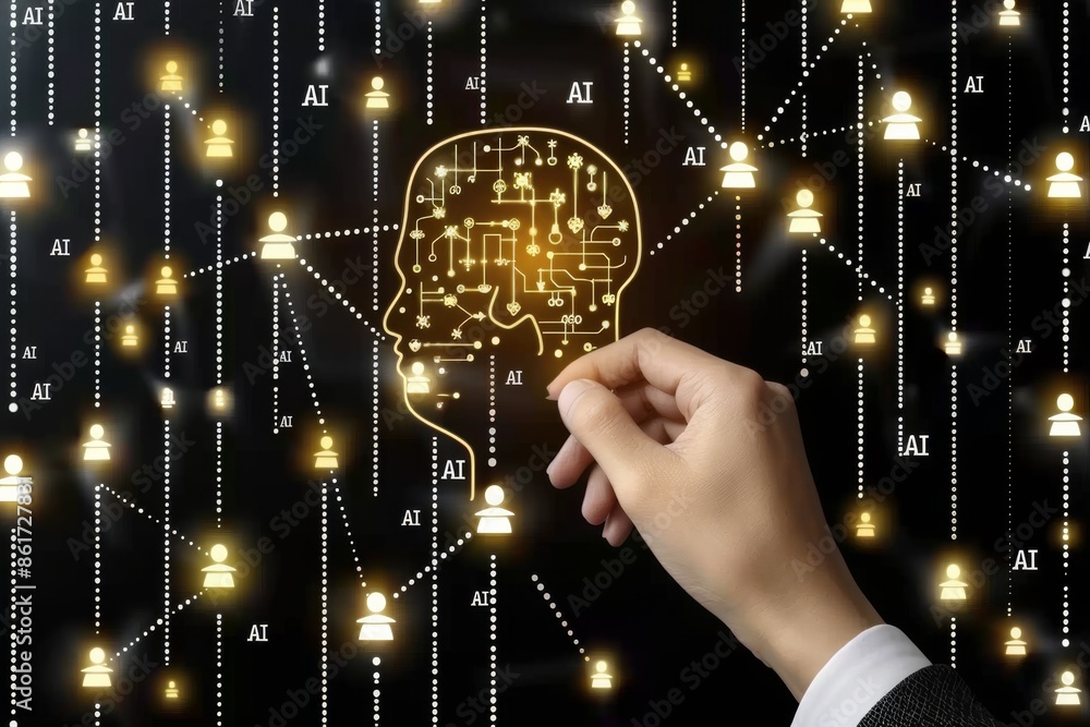 Poster hand touching glowing digital brain network on dark background symbolizing advanced artificial intel