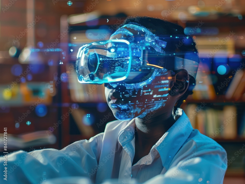Poster african school student with vr headset using ai artificial intelligence technology & machine learnin