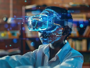 African school student with VR headset using AI artificial intelligence technology & machine learning. Interactive technology in classroom . Innovation & smart tech. AI blue hologram in education