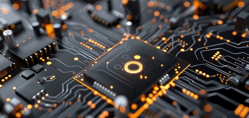 AI concept background with futuristic black and orange circuit board, chip, and big yellow "i" symbol on electronic pin grid with glowing light