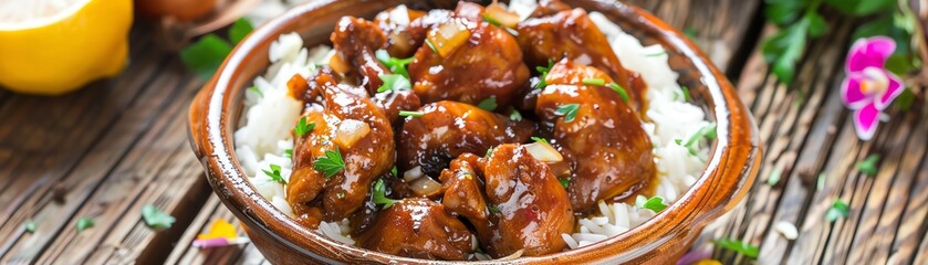 A bowl of spicy Senegalese yassa with marinated chicken, onions, and lemon, served with white rice, placed on a rustic wooden table in a sunny garden with colorful flowers
