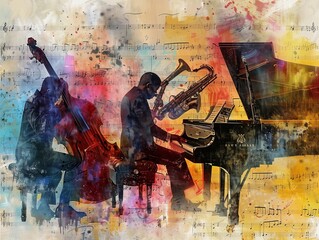 people playing music instruments, piano, contrabas, sax, musicpaper, cubic painting style, musicnotes in the background, colorfull, art