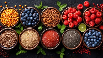 A flat lay image of a variety of fresh and dried ingredients in bowls on a dark surface. The ingredients include blueberries, raspberries, chia seeds, flax seeds, and other grains