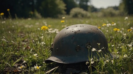WWII soldier helmet on the ground with grass and flowers.