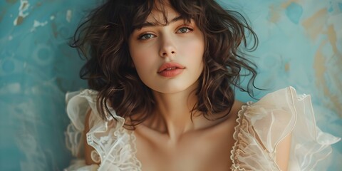 Young woman with curly hair and bangs in a frilly dress. Concept Fashion and trending styles, Seasonal outfit inspiration, Clothing accessories, Hairstyle tips, Make-up tutorials