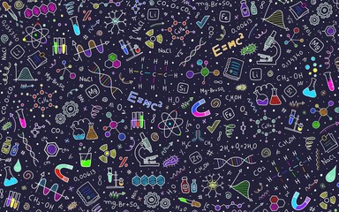 Colorful school doodles on a dark-blue background. Hand-drawn design. Science motifs. Back to school concept. Wallpaper, backdrop, pattern.