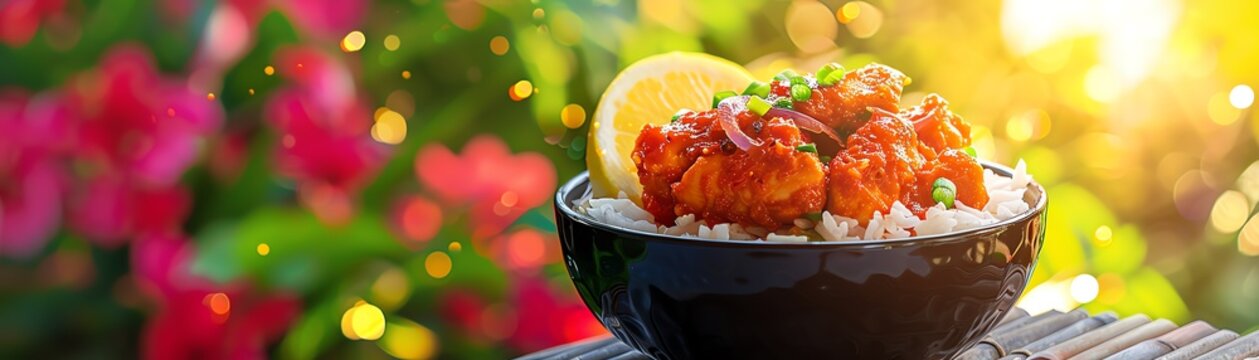 A bowl of spicy Senegalese yassa with marinated chicken, onions, and lemon, served with white rice, placed on a rustic wooden table in a sunny garden with colorful flowers