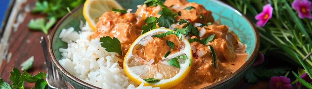 A bowl of spicy Senegalese yassa with marinated chicken, onions, and lemon, served with white rice, placed on a rustic wooden table in a sunny garden with colorful flowers