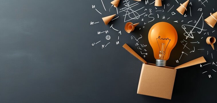 Paper box with light bulb icon and open book on blackboard background, mathematical formulas flying out, representing education and creativity