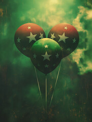 Dystopian Zombie Horror Balloons | three balloons | green and red hues | star patterns | ethereal green background | grunge texture overlay | 