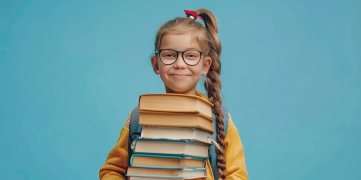 A young girl holds a pile of books, showing enthusiasm for reading and learning