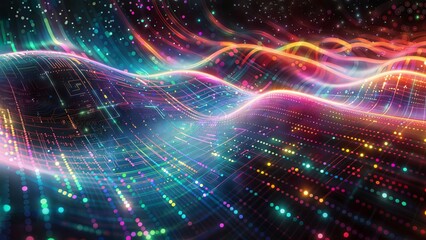 Obraz premium Futuristic technology concept with colorful light streams, circuit patterns, and digital particles, representing data flow and advanced computing networks.