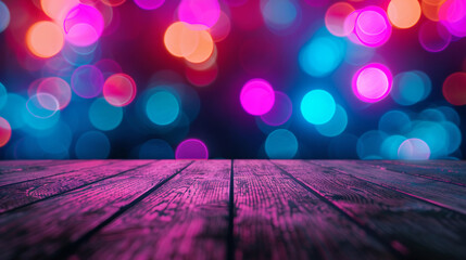 Wooden table highlighted by a neon light bokeh background  merging classic elements with modern  colorful lighting for a captivating scene