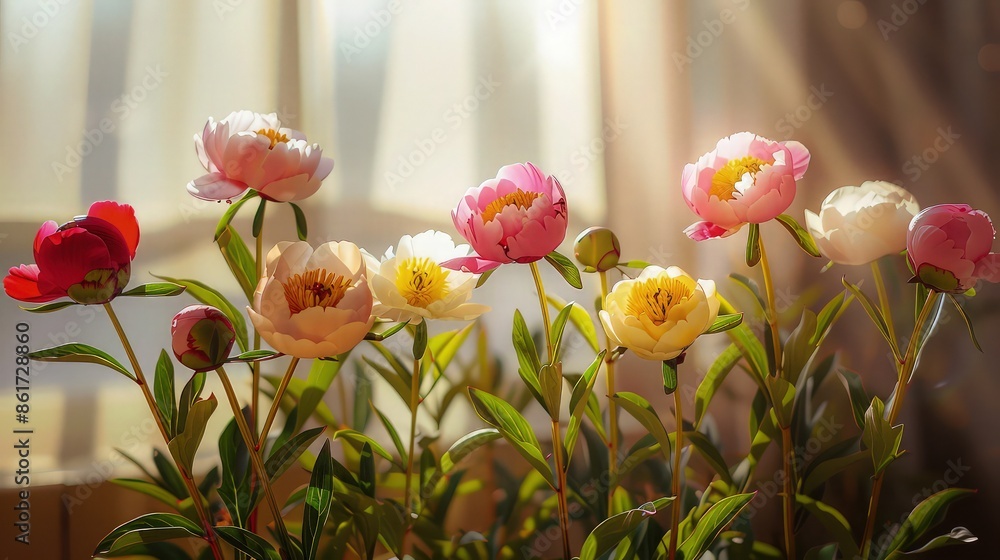 Poster a professional photo capturing a series of small peonies in different colors, arrayed near a window 