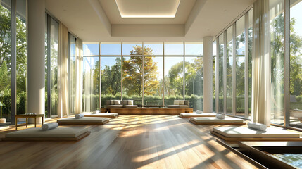 Inside a serene wellness center the room bathed in natural light showcasing a stunning panoramic view of the outdoors