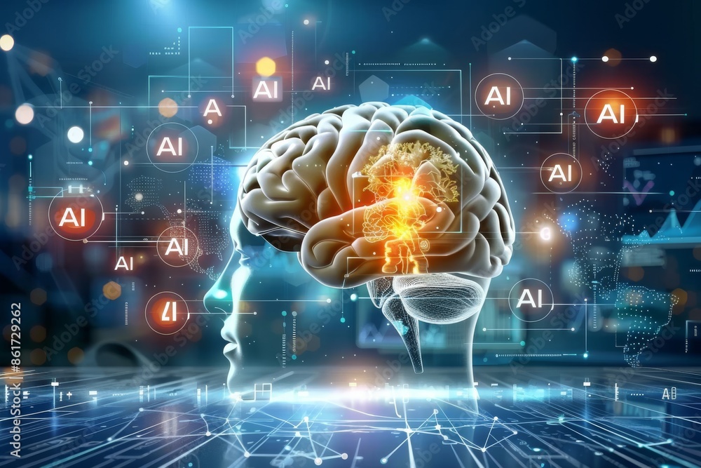 Poster digital brain with glowing ai symbols on dark background representing artificial intelligence techno