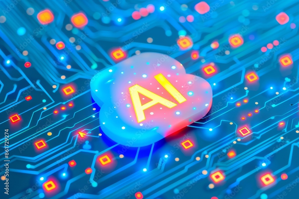 Poster ai button on circuit board with glowing elements symbolizing advanced artificial intelligence techno