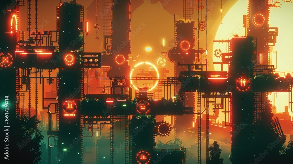 Poster a puzzle game setting with an abstract and artistic design, featuring interconnected puzzles and mec