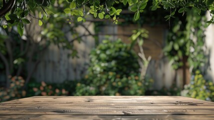 Naklejka premium A wooden table in a beautiful garden setting, perfect for outdoor dining or picnics
