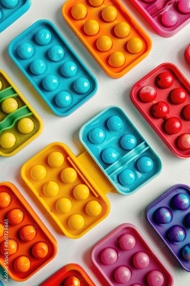 Poster a row of colorful plastic balls in various sizes and colors. the balls are arranged in a pattern, wi