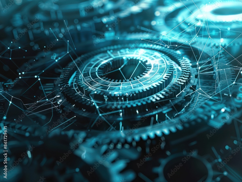 Poster digital futuristic gears rotation wireframe technology. ai generated image