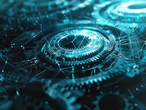 Digital futuristic gears rotation wireframe technology. AI generated image