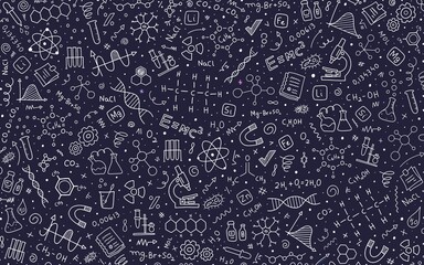 School doodles on a dark-blue background. Hand-drawn design. Science motifs. Back to school concept.  White elements. Wallpaper, backdrop, pattern.