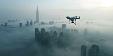 Cityscape shrouded in fog observed through drone surveillance under continuous monitoring. Concept Cityscape, Fog, Drone Surveillance, Continuous Monitoring