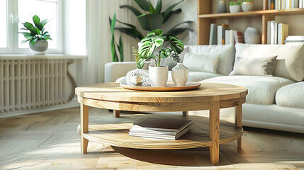 Living room interior with soft couch cushions green potted houseplants coffee table in neutral pastel earthy colors