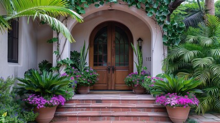 A house with a beautiful garden and a porch with two large wooden doors. The doors are adorned with flowers and the house has a welcoming and inviting atmosphere