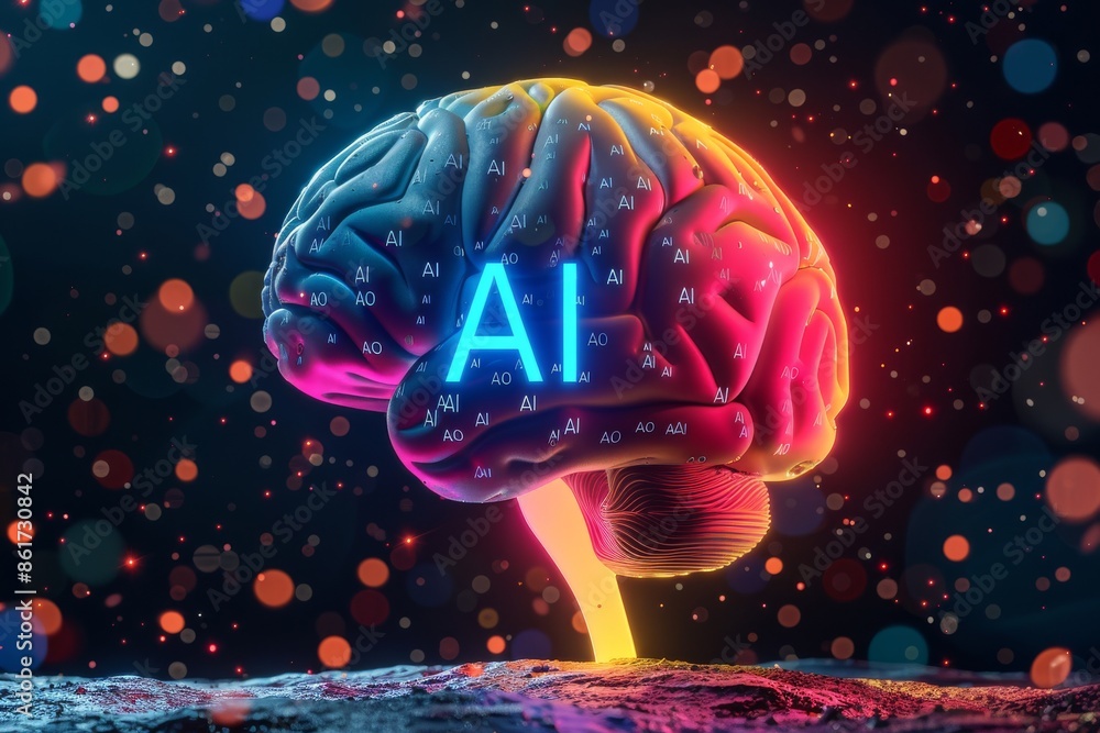 Poster neon glowing brain with ai symbol on dark background representing artificial intelligence and innova
