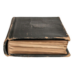 Worn, vintage black book with yellowed pages, showing signs of age and history, perfect for antique or literary themed projects.