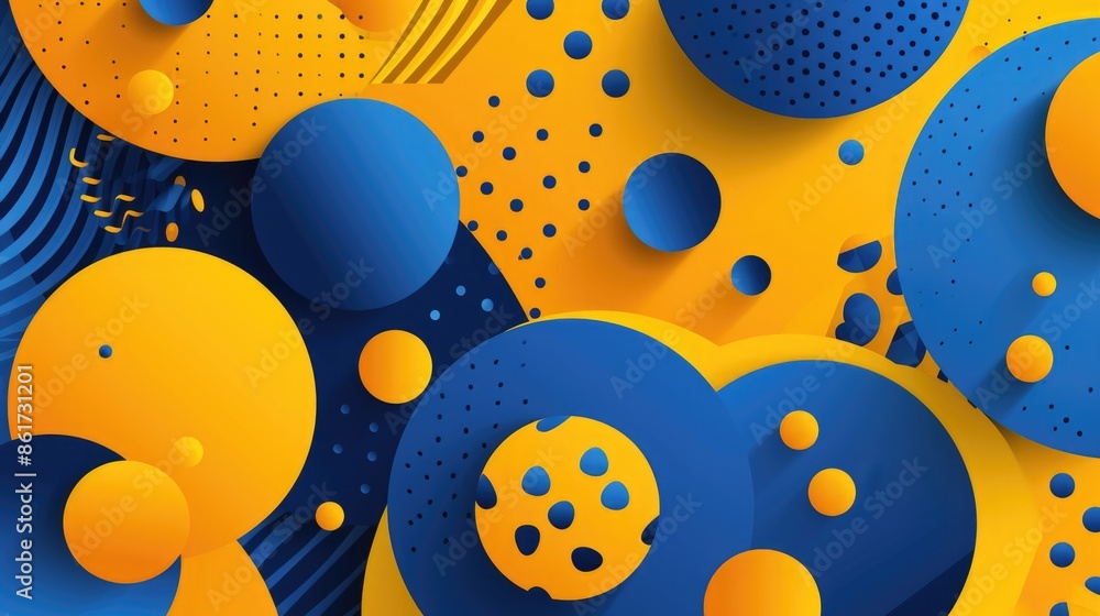 Poster a colorful background with blue and yellow circles. the circles are of different sizes and are scatt