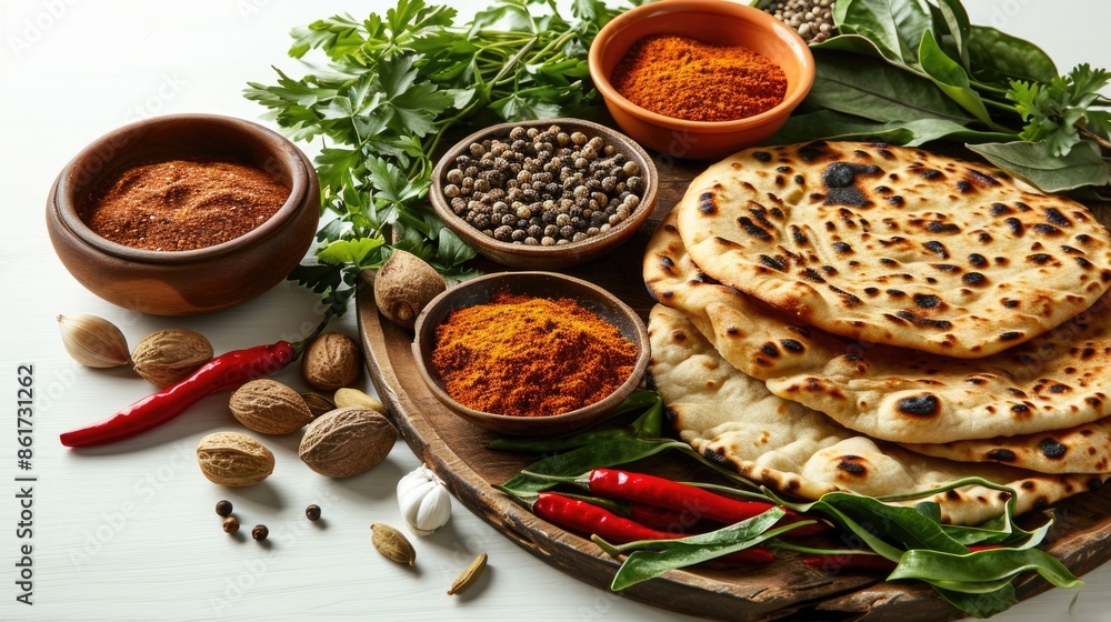 Aufkleber a table with a variety of spices and a plate of flatbread. the spices are arranged in bowls and the 