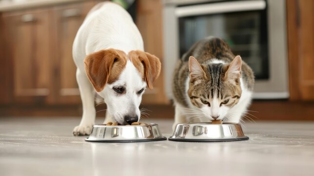 Two dogs and a cat are eating from two different bowls. The dog is eating from a bowl on the left, while the cat is eating from a bowl on the right