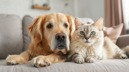 A dog and a cat are laying on a couch together. The dog is looking at the camera while the cat is looking away. The scene is peaceful and relaxing, with the two animals enjoying each other's company
