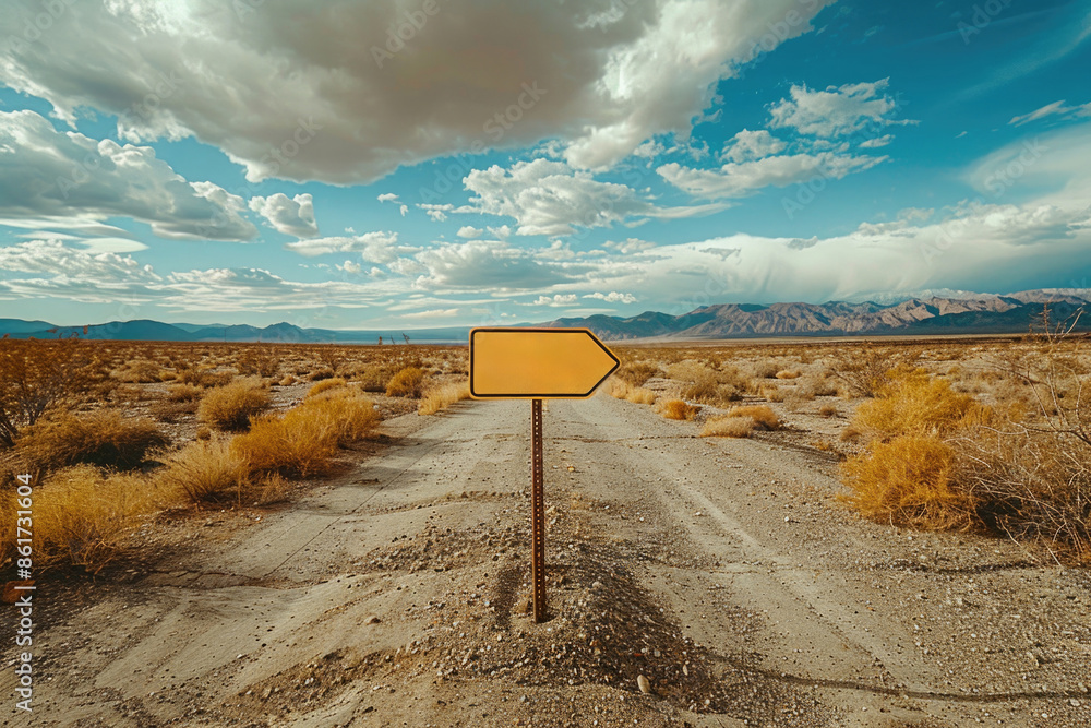 Poster a yellow sign pointing to the right is standing in the middle of a desert. the sign is the only thin